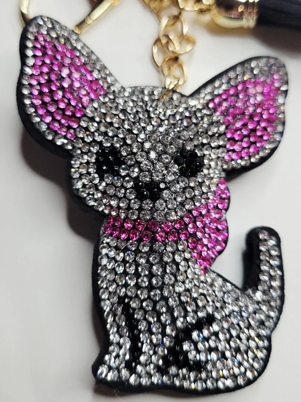 NWT Sparkling Gold Pink Black And White Chihuahua Keychain Bag Charm With Tassel